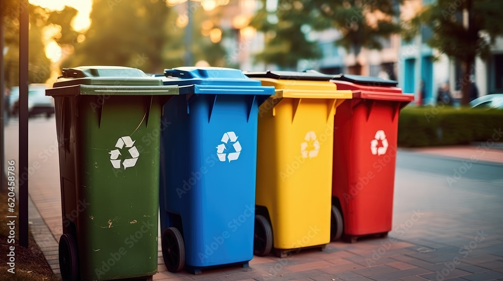 Plastic, glass, metal and paper recycle bins. Trash cans for garbage separation. Recycling concept.