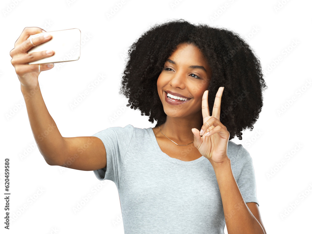 Black woman, peace hand gesture and selfie with social media influencer isolated on transparent png 