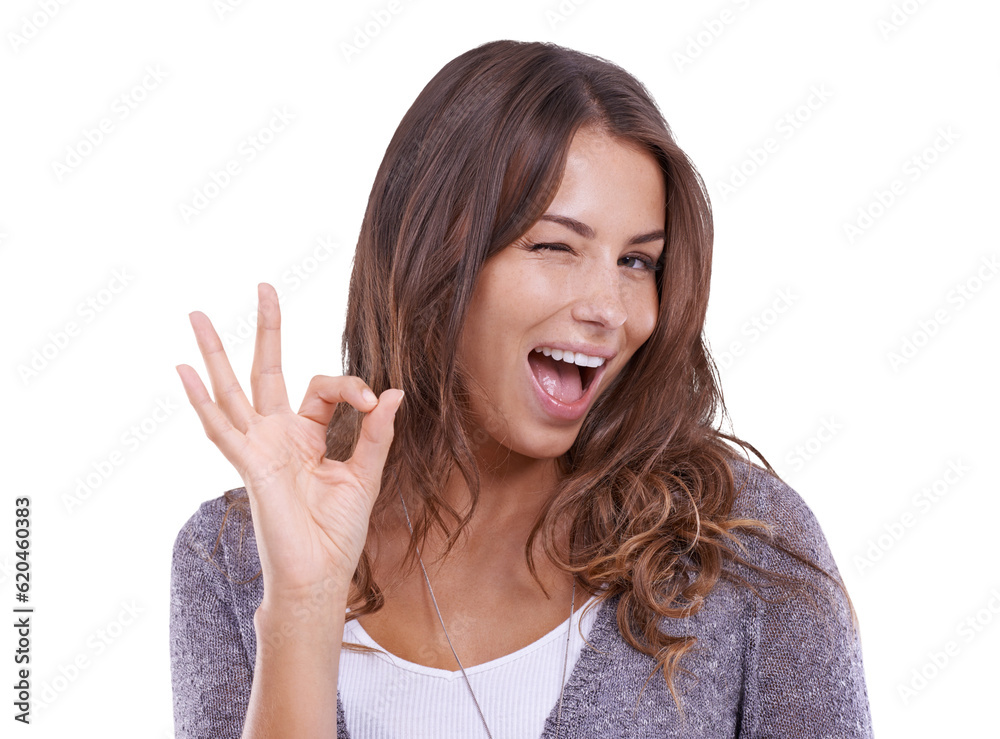 Success, okay sign and woman in portrait isolated on transparent png background for thanks, support 