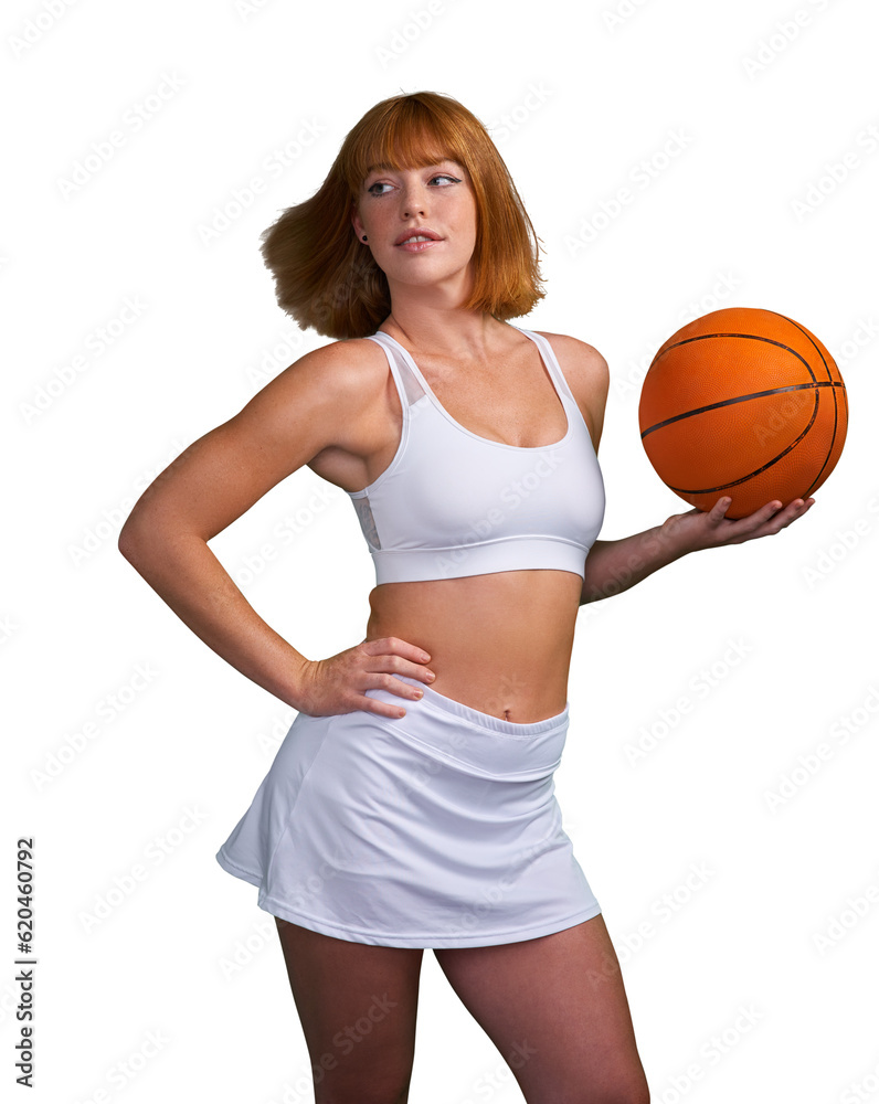 Woman, basketball and confident for sports, thinking of training or isolated on transparent png back