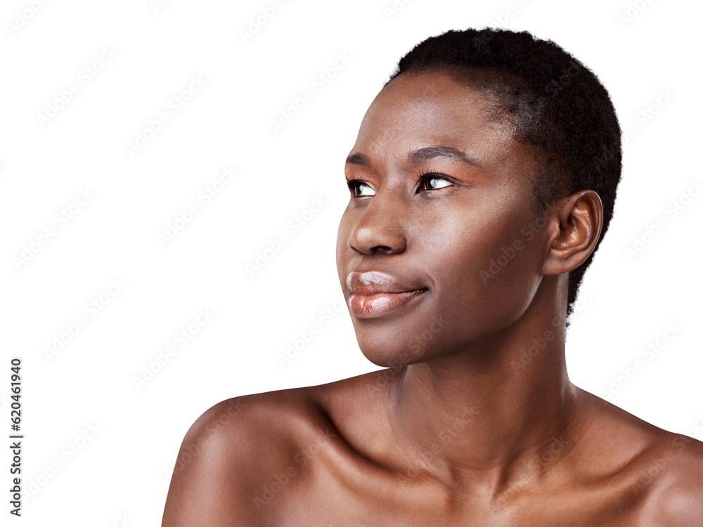 Skincare, thinking and black woman with cosmetics, dermatology and grooming isolated on a transparen