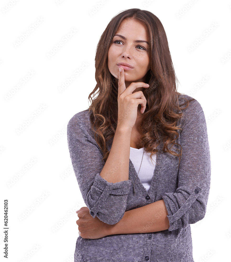 Thinking, doubt and woman with choice and decision on isolated, png and transparent background. Adve