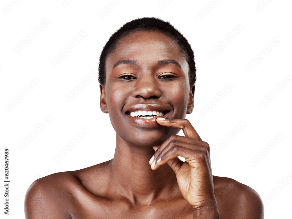 Face, skincare and beauty black woman isolated on a transparent png background. Natural, cosmetics a