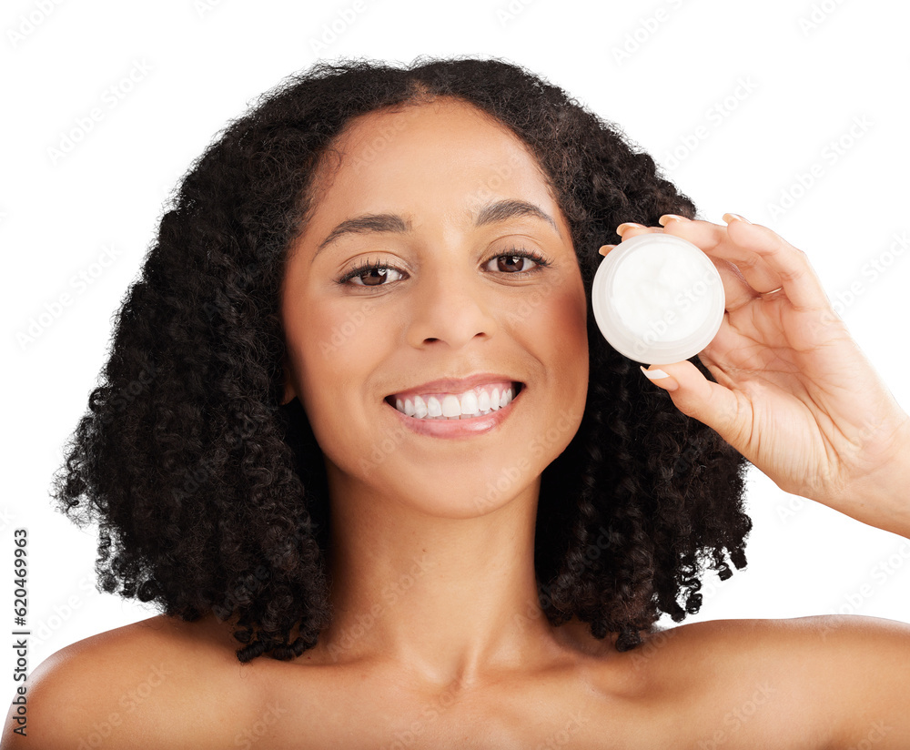 Skincare, portrait and happy woman with face cream on isolated, transparent and png background. Faci