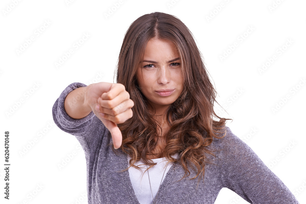 Woman, thumbs down and negative feedback in portrait, rejection and hand gesture isolated on transpa