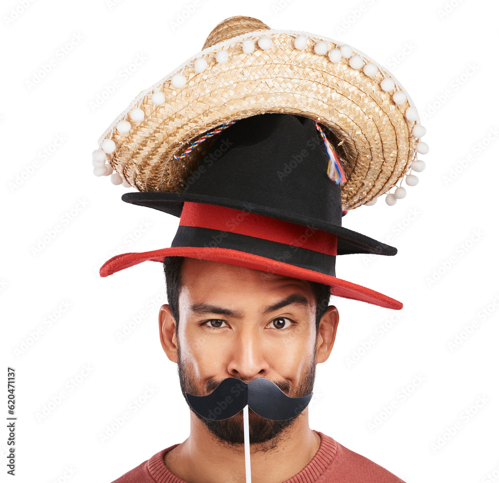 Disguise, hats and funny with portrait of man on png for choice, crazy and fashion. Mustache, costum