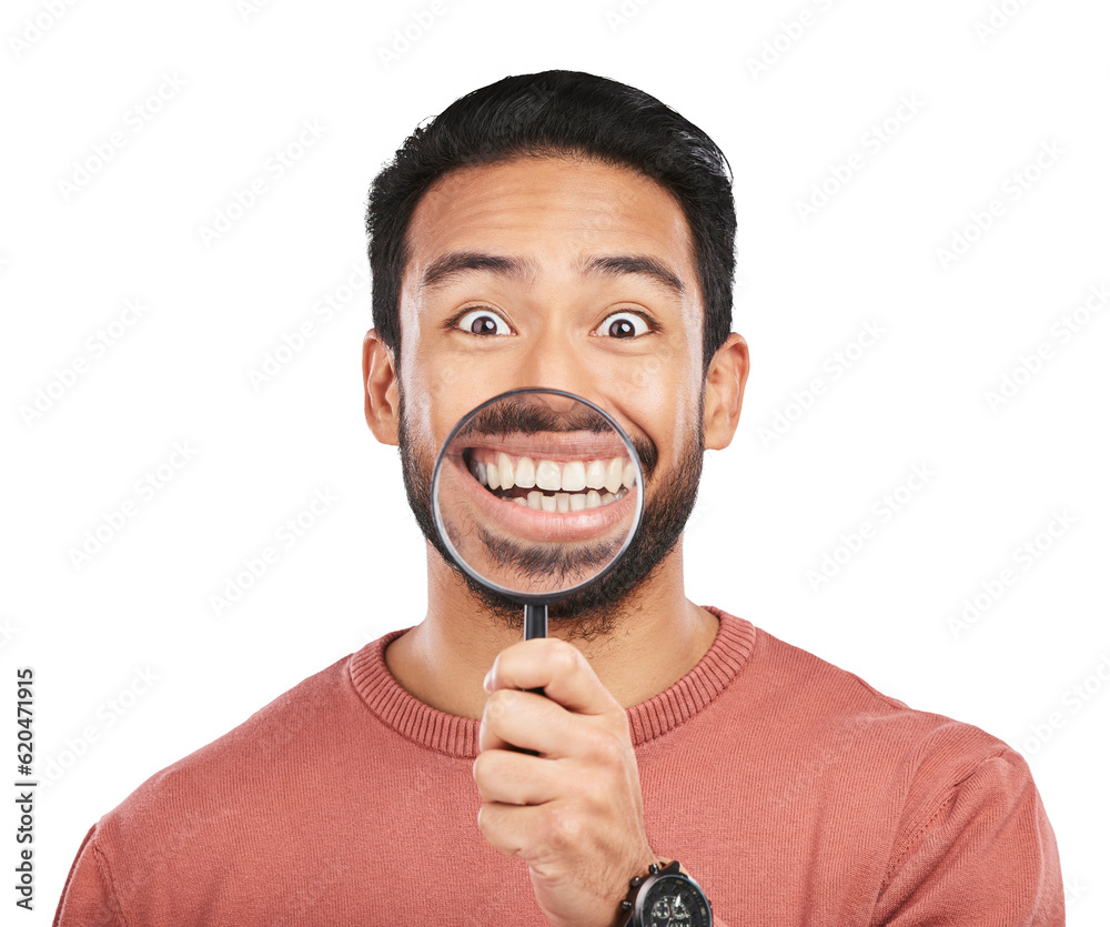 Magnifying glass, happy portrait and mouth of man for investigation, dental check or inspection. Fac