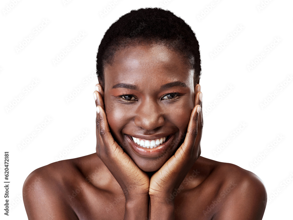 Face, skincare touch and black woman smile isolated on a transparent png background. Natural beauty,