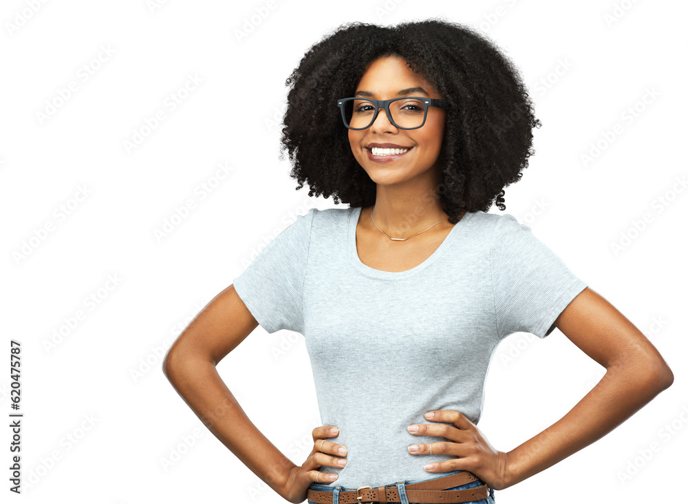 Happy, portrait and black woman with glasses, confidence and fashion isolated on a transparent png b