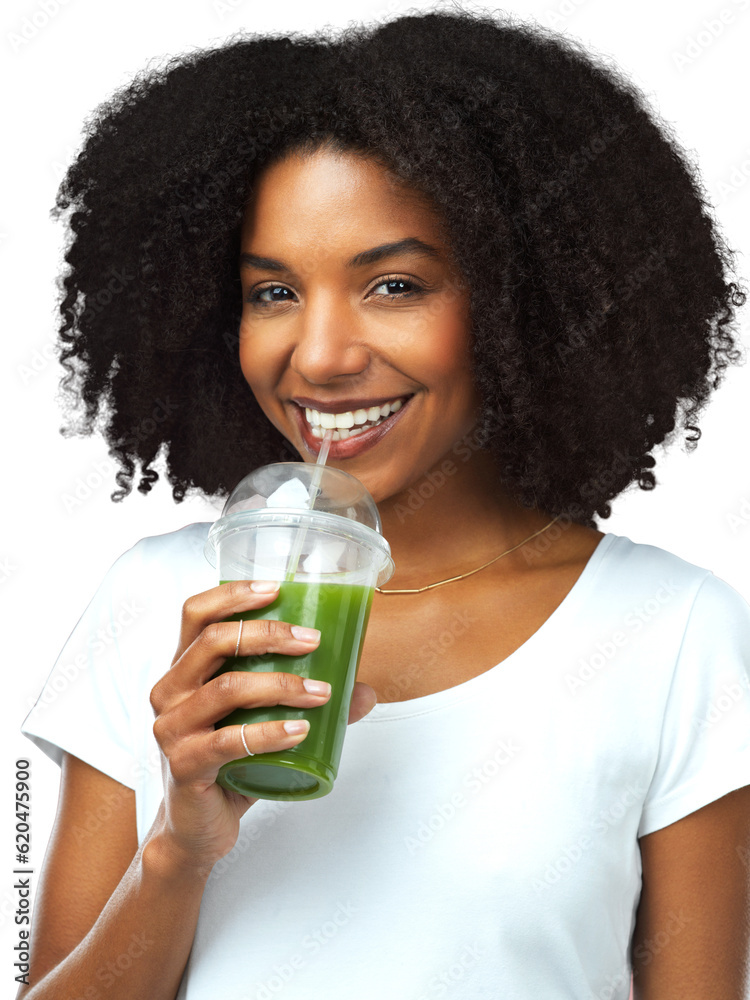 Happy, health and portrait of woman with green juice for liquid cleanse, diet or wellness. Smile, ha