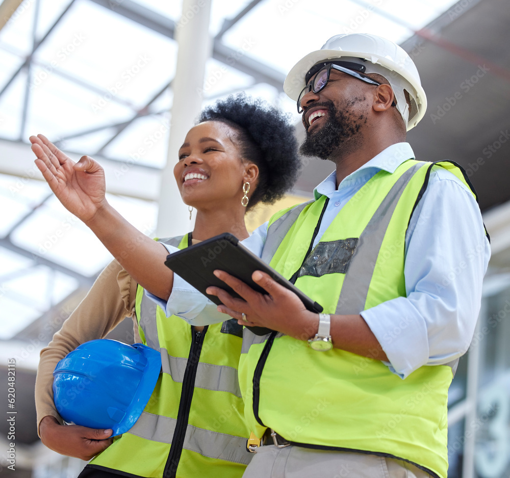 Tablet, teamwork or engineer talking to designer planning on a construction site for architecture. B