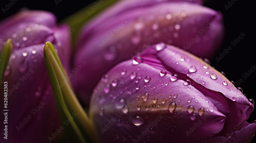 Purple Tulips flowers with water drops background. Closeup of blossom with glistening droplets. Gene