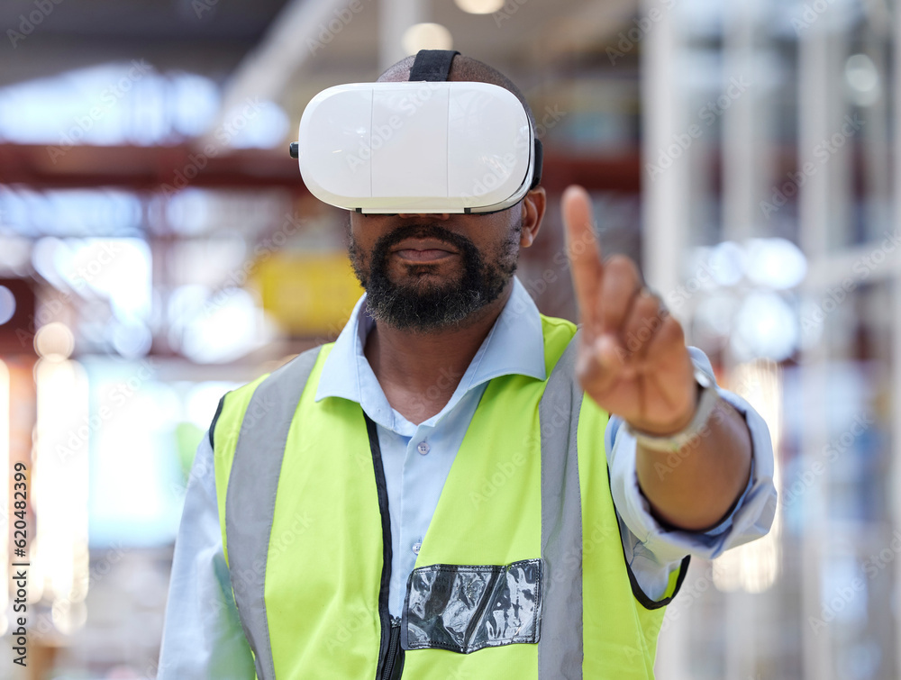 Logistics, warehouse and man in virtual reality headset for online checklist, inventory or online sc