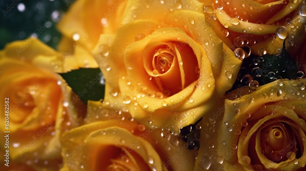 Yellow Roses flowers with water drops background. Closeup of blossom with glistening droplets. Gener