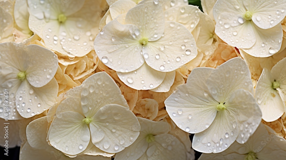 Creamy Hydrangeas flowers with water drops background. Closeup of blossom with glistening droplets. 