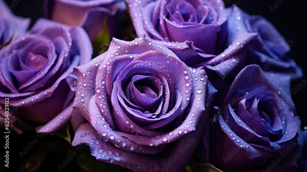 Purple Roses flowers with water drops background. Closeup of blossom with glistening droplets. Gener