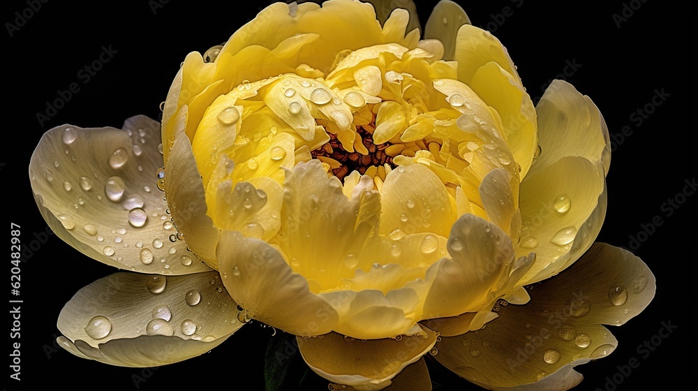 Yellow Peony flowers with water drops background. Closeup of blossom with glistening droplets. Gener