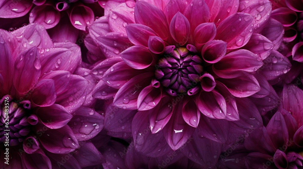 Purple Dahlia flowers with water drops background. Closeup of delicate blossom with glistening dropl