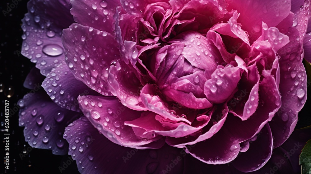 Purple Peony flowers with water drops background. Closeup of blossom with glistening droplets. Gener