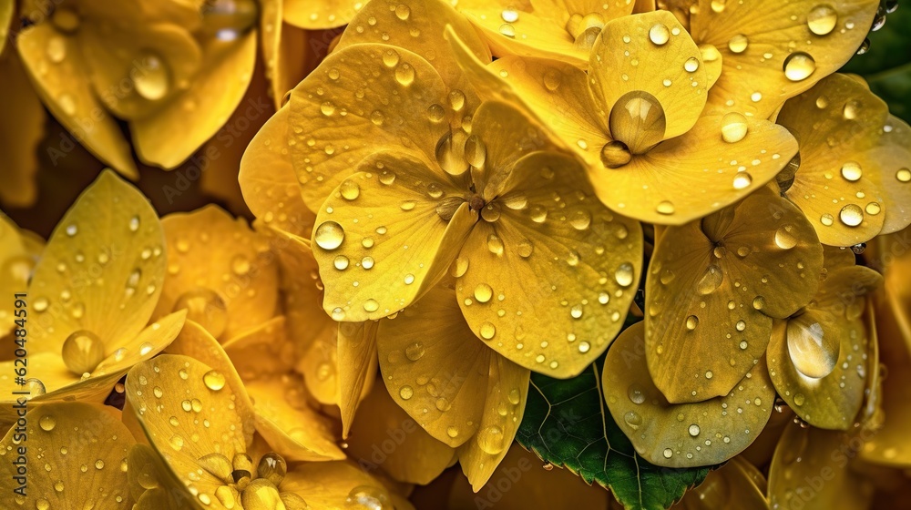 Yellow Hydrangeas flowers with water drops background. Closeup of blossom with glistening droplets. 