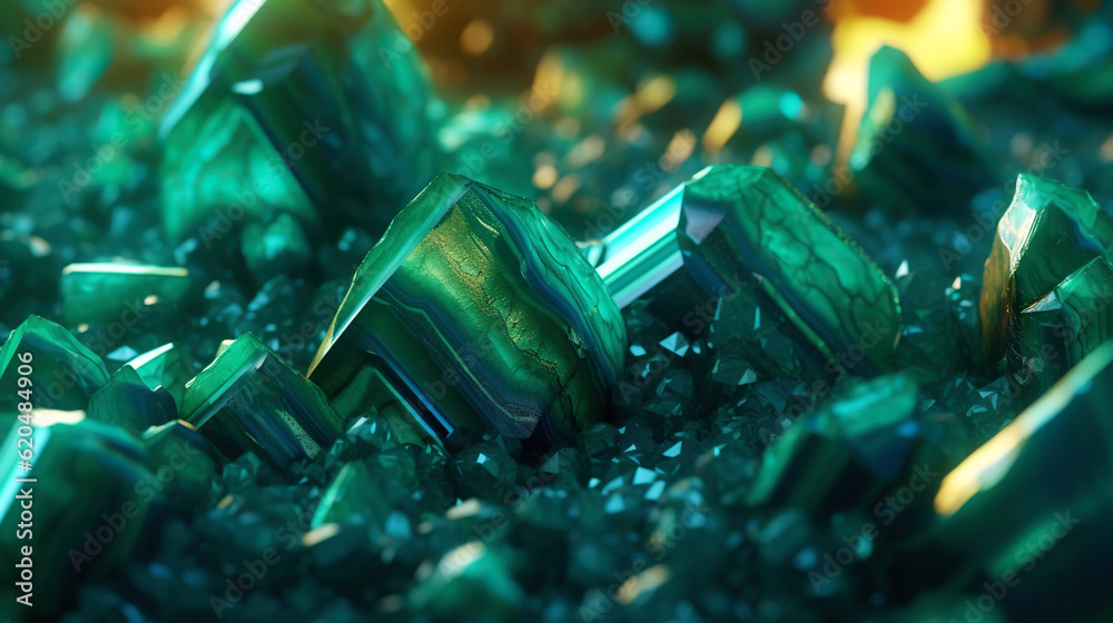 Amazing bright and shiny Malachite crystal cluster background. Jewel mineral detailed macro. Generat