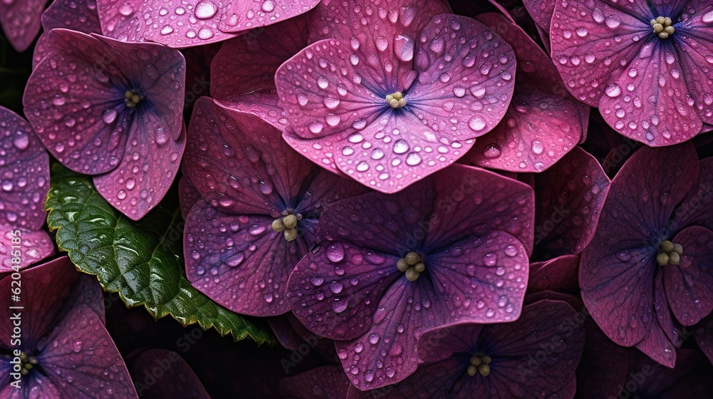 Purple Hydrangeas flowers with water drops background. Closeup of blossom with glistening droplets. 