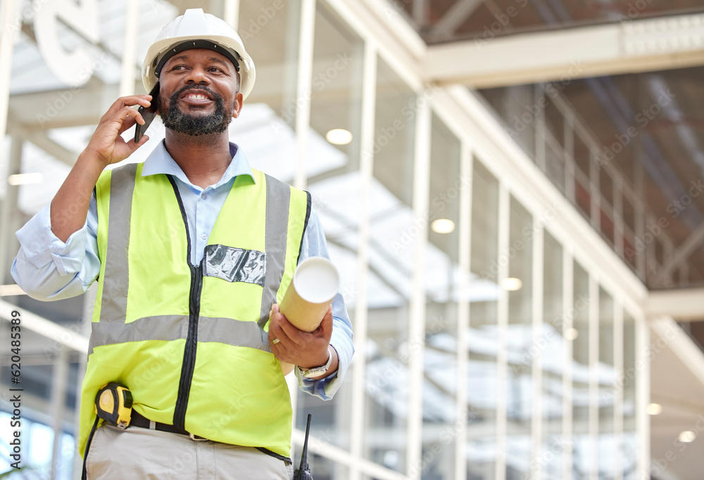 Architecture, black man or engineer on a phone call conversation for building construction. Blueprin