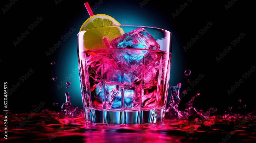 Glass of cocktail in hypnotic neon light. Colorful rave party drink. Generative AI