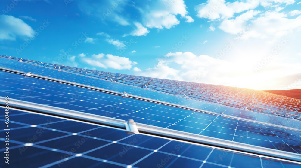 Closeup of Solar panels against blue sky with clouds. Solar energy generation. Renewable energetics.