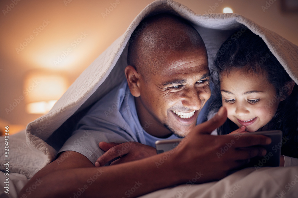 Happy father, child and tablet at night, bedroom or home for online games, reading ebook or storytel