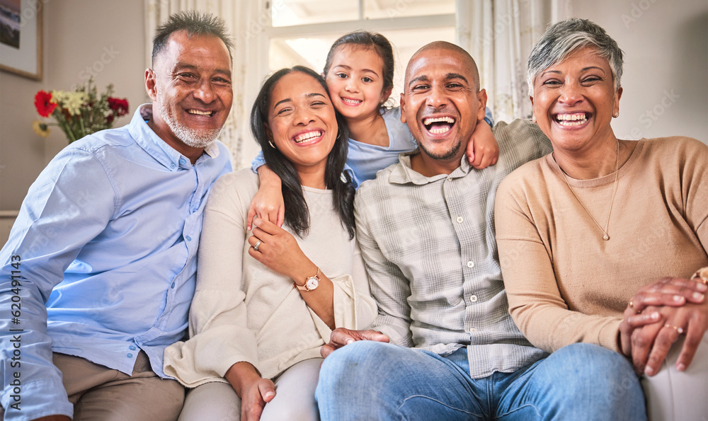 Big family, funny portrait and smile in home living room, bonding and laughing. Face, grandparents a