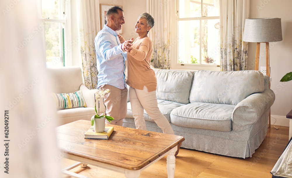 Love, retirement and dance with a senior couple in the living room of their home together for bondin