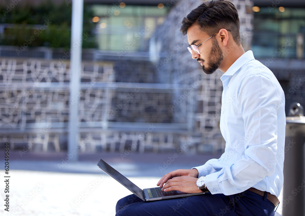 Entrepreneur, business and man with a laptop, outdoor and typing with connection, digital software a