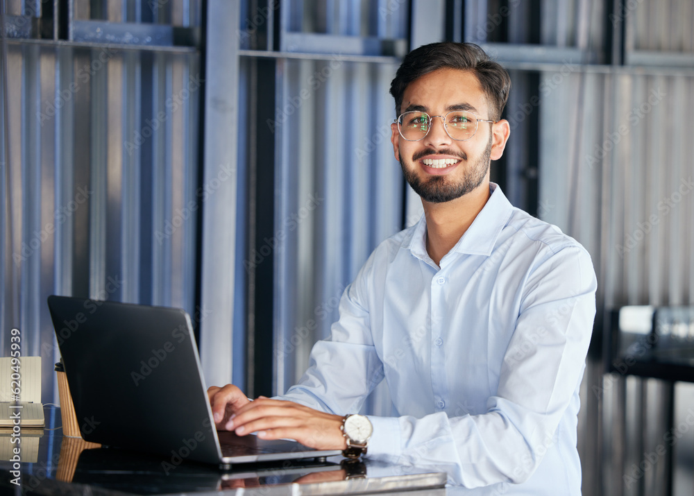 Portrait, business and man with a laptop, typing and connection with digital software, planning and 