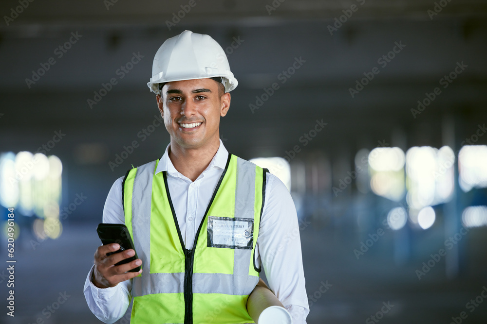 Architect, phone and portrait of happy man in warehouse with blueprint, networking and communication