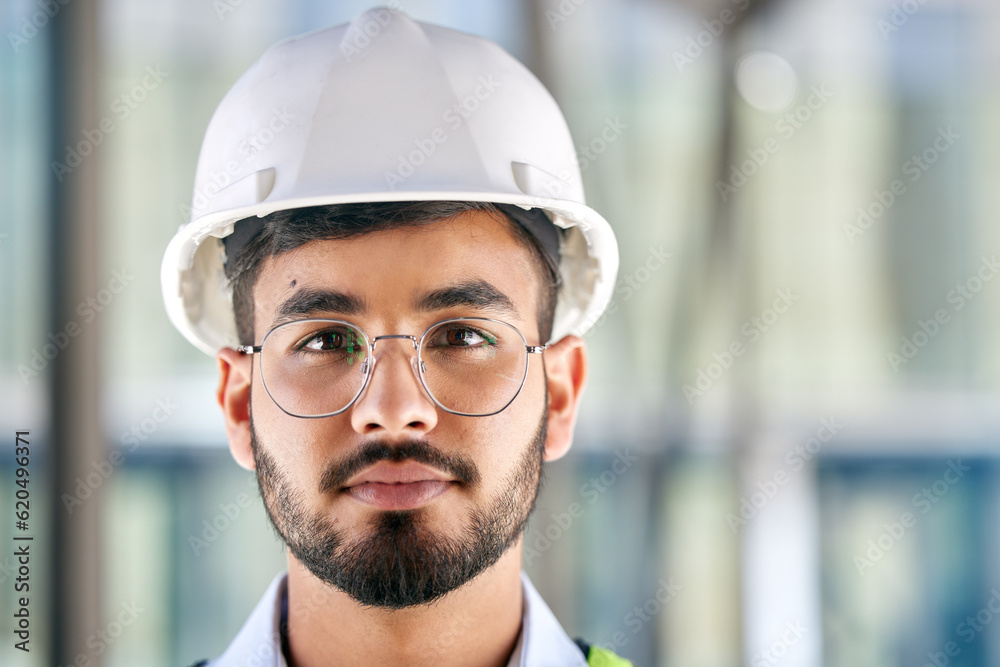 Architecture, serious and portrait of man on construction site for engineering, design and building.