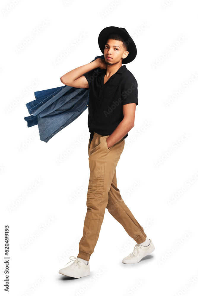 Fashion, portrait and man is walking shirt in png or isolated background for person. Student, hipste