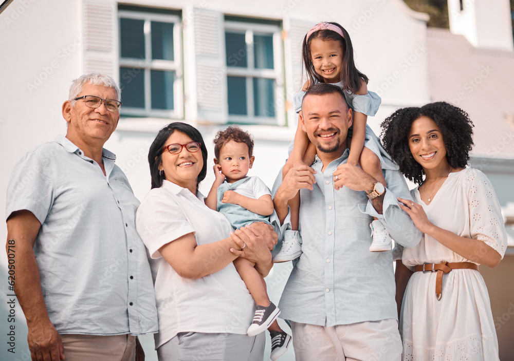 Family, portrait and generations with happiness and outdoor, people on lawn with grandparents, paren