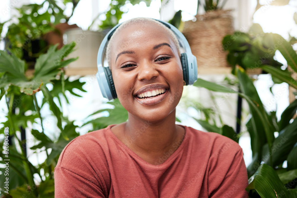 Relax, music and portrait of black woman with plants in home for wellness, happiness and calm. Natur