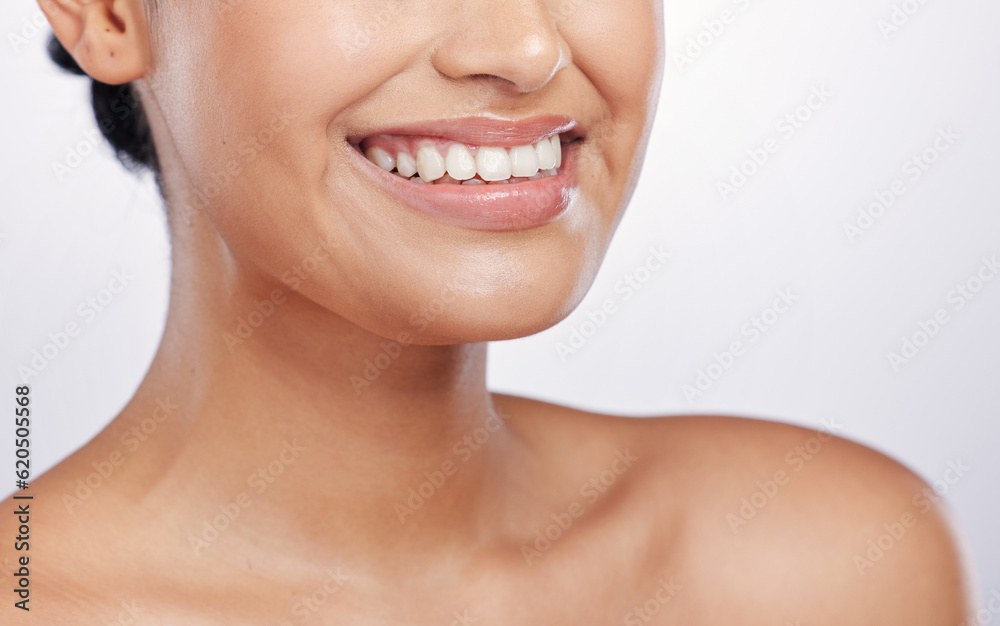 Closeup, mouth and woman with skincare, dermatology and grooming against a white studio background. 