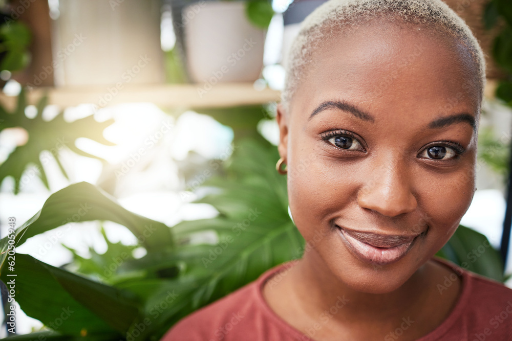 Portrait, plant and flare with a black woman gardener in her home for sustainability or green growth