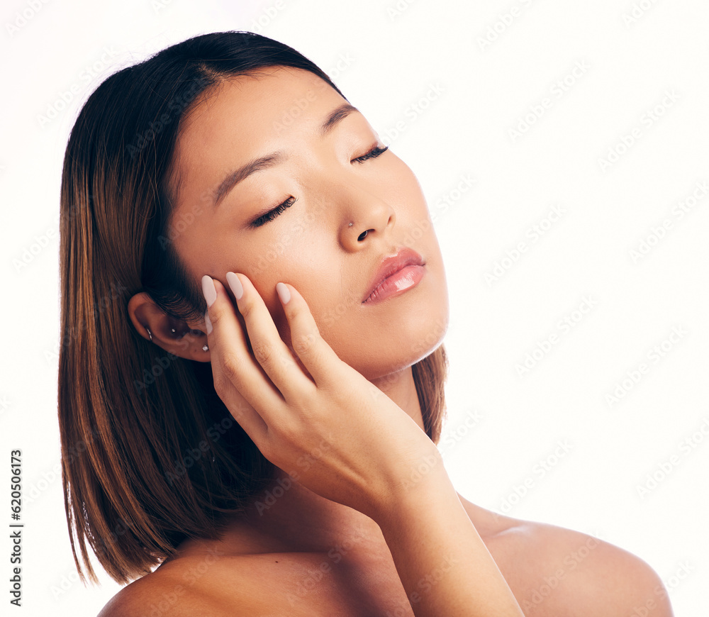 Skincare, dermatology and face of Asian woman on a white background for wellness, spa and cosmetics.