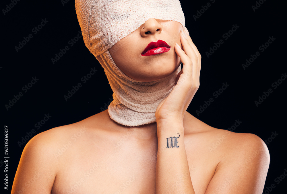 Bandage, plastic surgery and a woman with cosmetics on a dark background for a medical procedure. Be