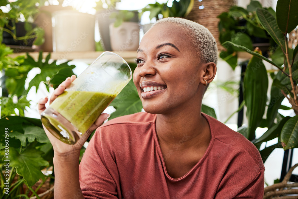 Black woman, healthy and green smoothie with nutrition for detox or smile with wellness in home. Veg