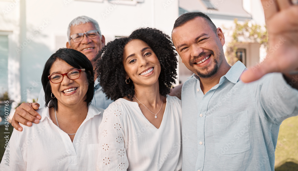 Family, parents and adult children in selfie outdoor, happy and relax on lawn, bonding and love in m