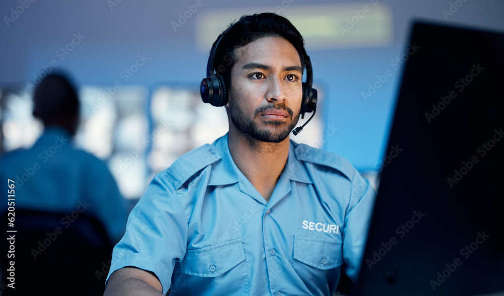 Security guard, monitor and worker man watching screen relax on the job for building protection. Sur