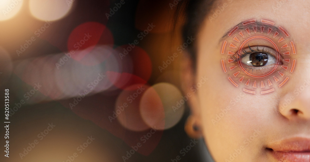 Portrait, closeup and woman with eye care, hologram and wellness against a studio background. Face, 