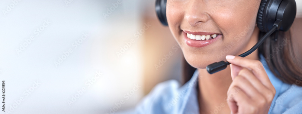 Call center, mouth and happy woman in office listening for communication, support and contact us for