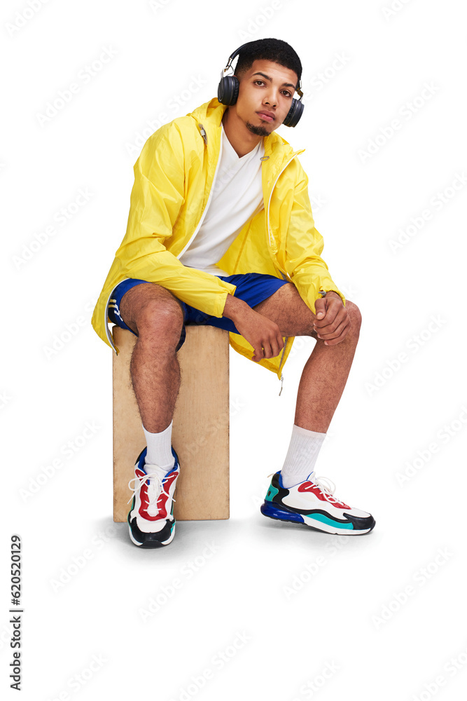 Portrait, music headphones and man on chair isolated on a transparent png background. African person