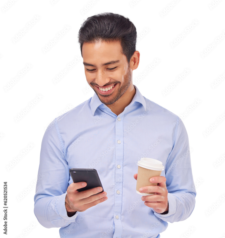 Phone, coffee and smile of business man isolated on transparent, png background for news or communic